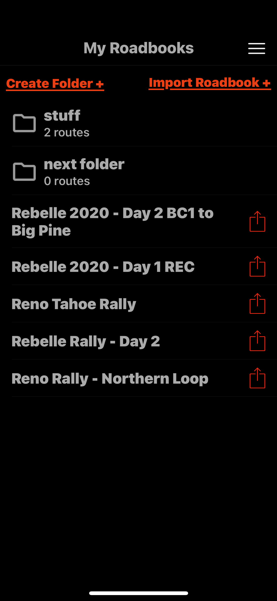 My Roadbooks list in the Rally Roadbook Reader app