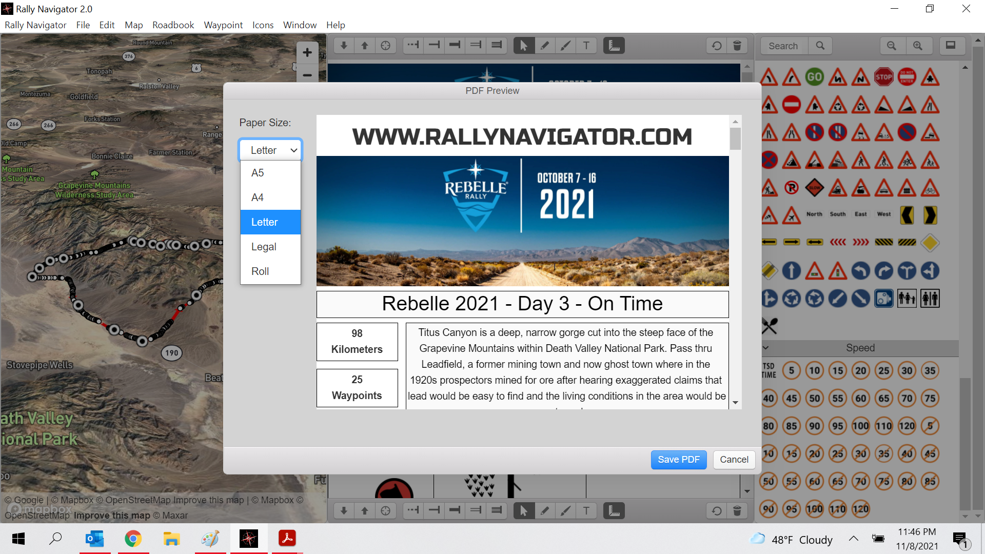 Rally Navigator printing a roadbook PDF with offline MapBox maps
