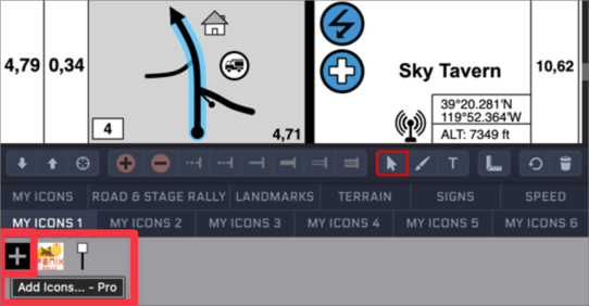 The My Icons 1 tab in the icon toolbar with the plus button and its Add Icons Pro tooltip, below a roadbook entry