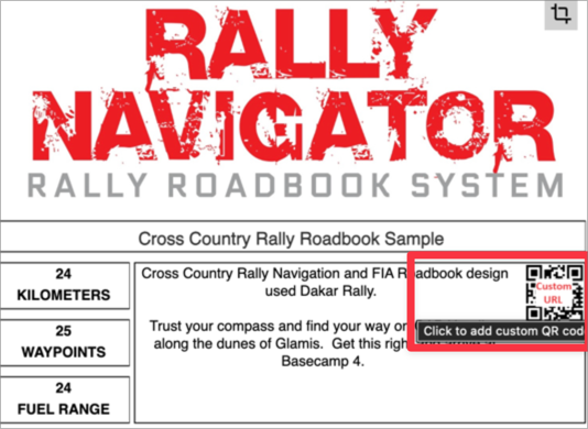 Roadbook header with a custom URL placeholder and the prompt to click to add a custom QR code