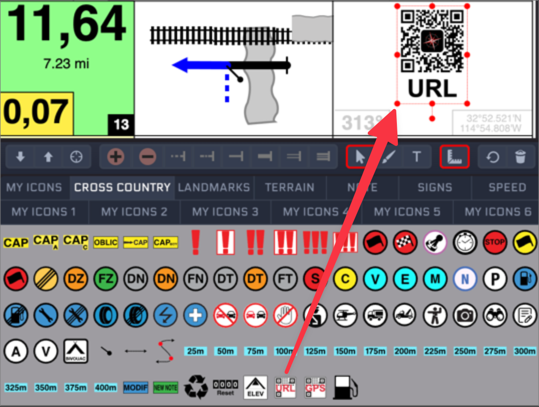 The URL icon in the icon toolbar being placed on a waypoint, producing a scannable QR code in that roadbook cell