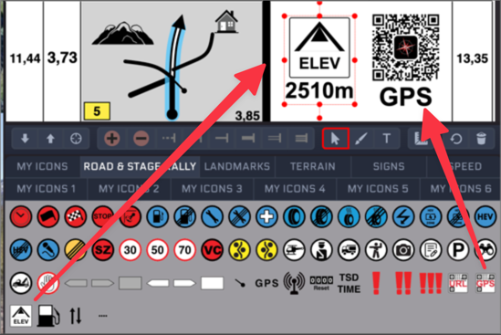 The ELEV and GPS smart icons dragged from the icon toolbar into a waypoint, producing an elevation readout and a GPS QR code in the roadbook cell