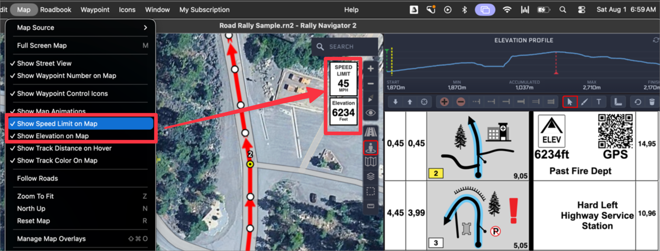 The Map menu with Show Speed Limit on Map and Show Elevation on Map enabled, showing a 45 MPH speed limit and 6234 feet elevation readout at the selected point