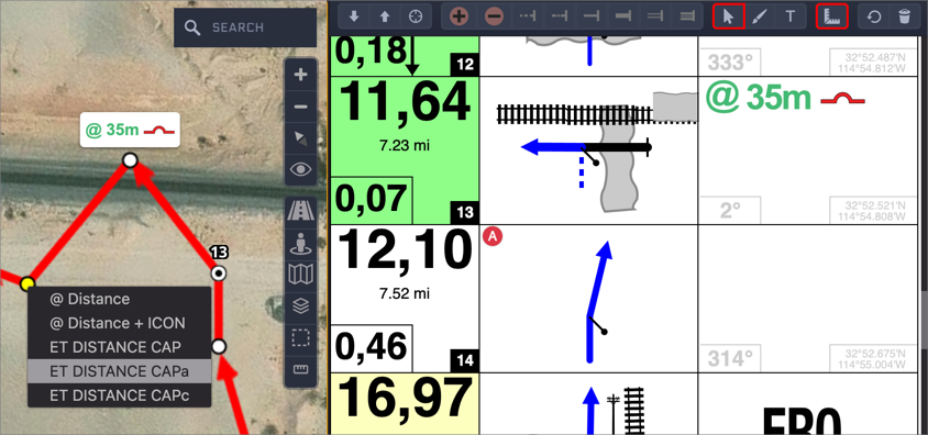 A track distance of @ 35m placed with its icon, shown both on the map and in the roadbook cell