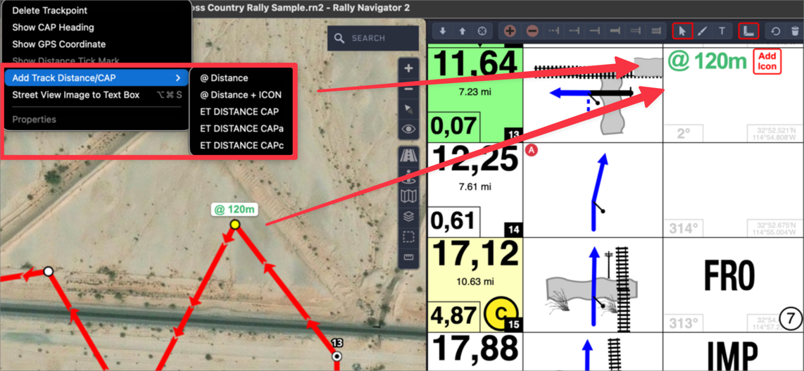 Right-clicking a track point opens Add Track Distance/CAP with @ Distance, @ Distance + ICON, ET DISTANCE CAP, CAPa and CAPc, alongside the roadbook entries they produce