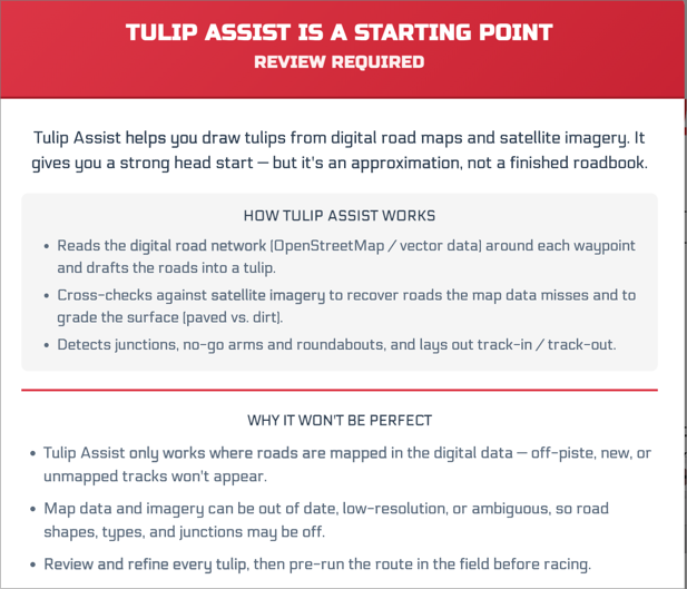 The in-app Tulip Assist panel explaining how it reads the road network and satellite imagery, and why the result will not be perfect