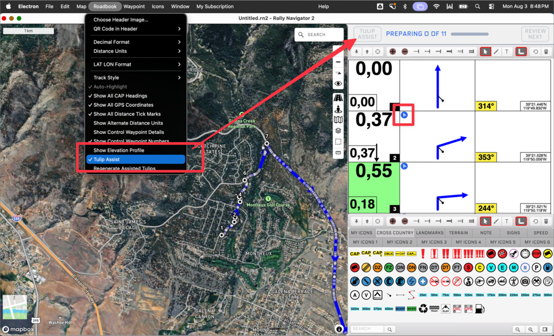 Tulip Assist switched on in the Roadbook menu, with Preparing 0 of 11 running in the toolbar and drafted tulips appearing in the roadbook
