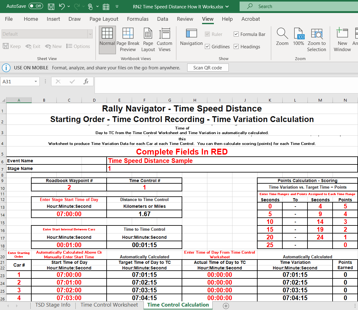 TSD rally time control scoring calculation worksheet in Excel
