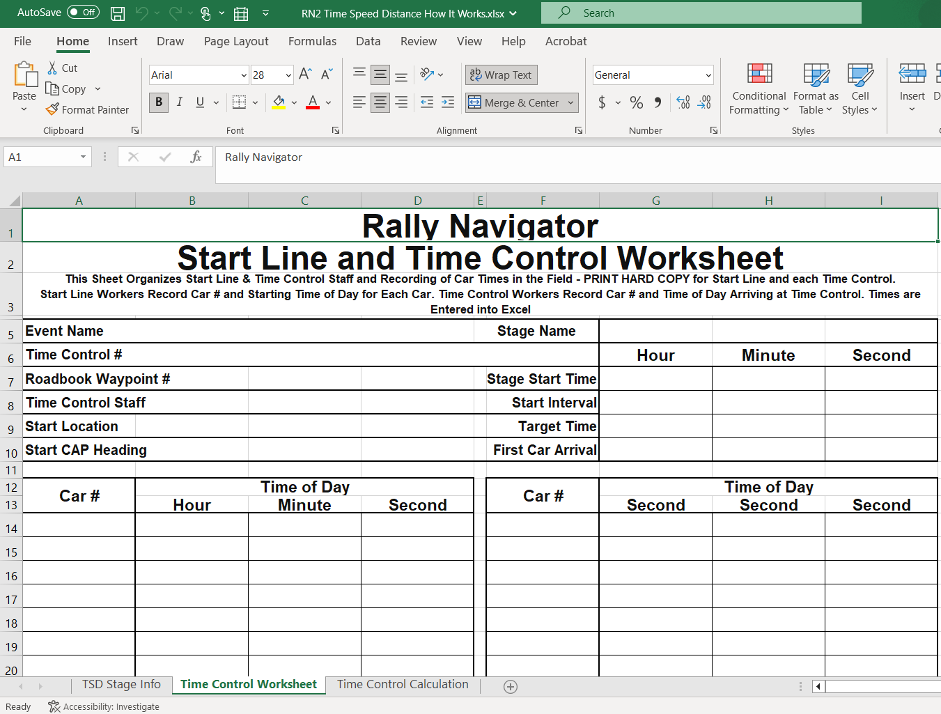 TSD rally start line and time control worksheet in Excel
